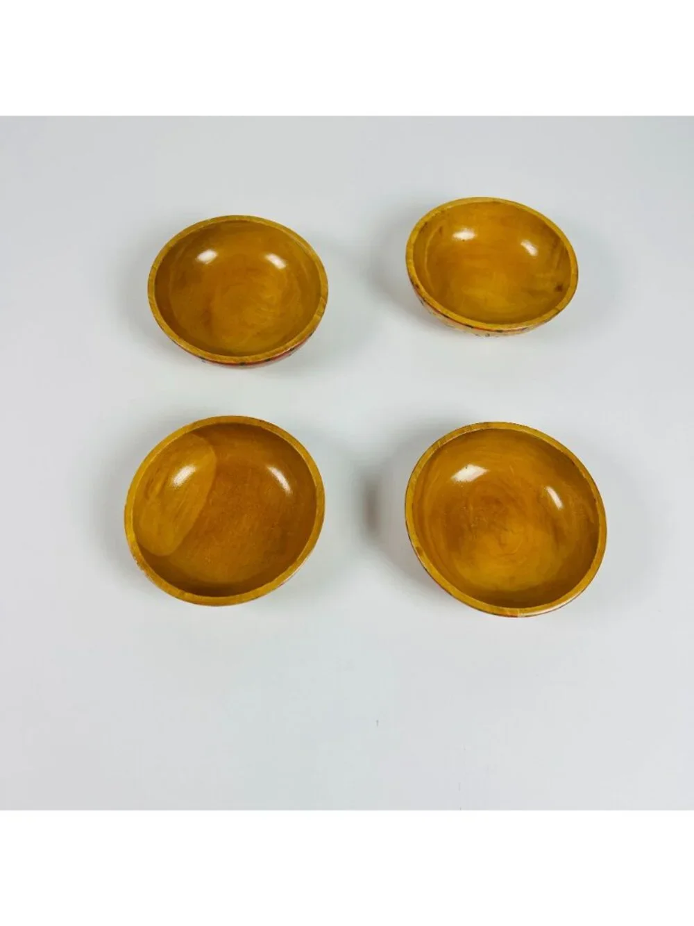 Vintage Occupied Japan Wooden Bowls 4 Floral Yellow & Green Rustic Decor